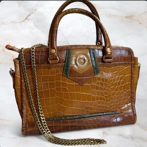 Women's Croc-Embossed Brown Leather Satchel with Chain Strap
